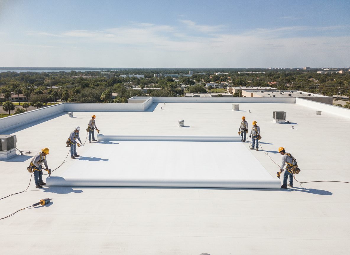 Commercial crew installing TPO membrane