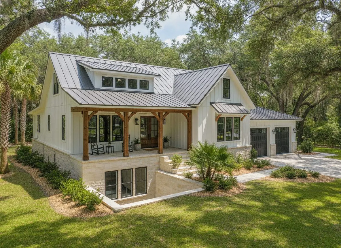 Home with a standing seam metal roof under oak trees