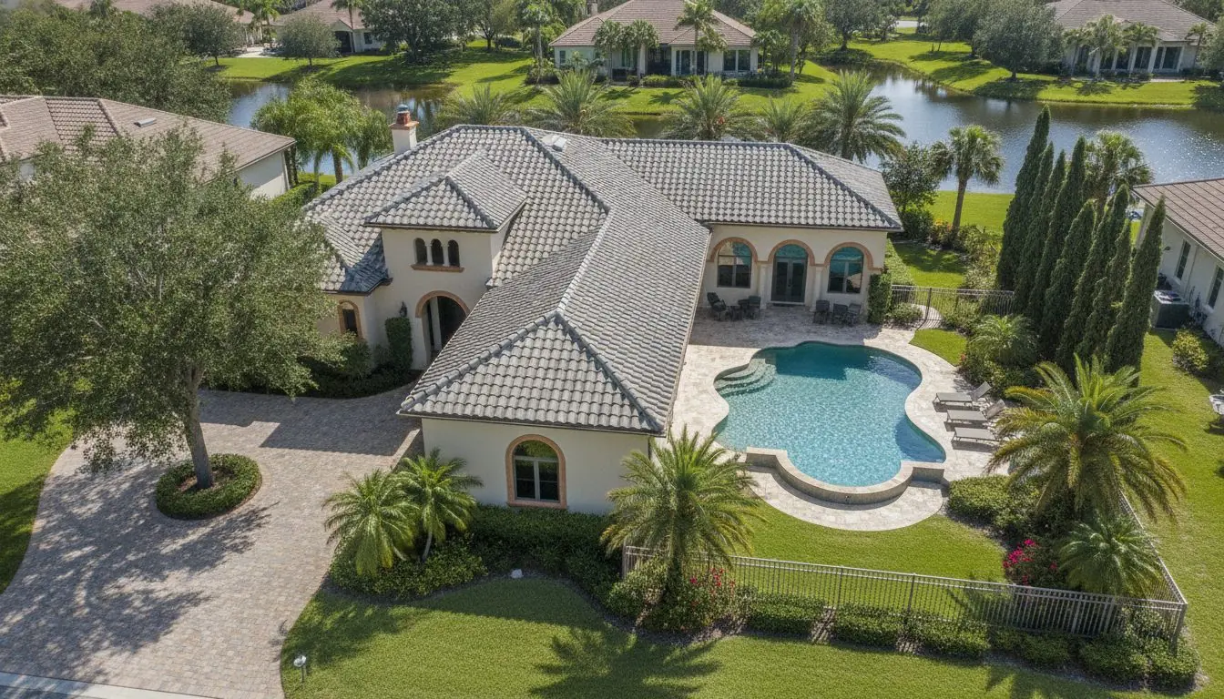 Aerial view of a home with a new tile roof and pool
