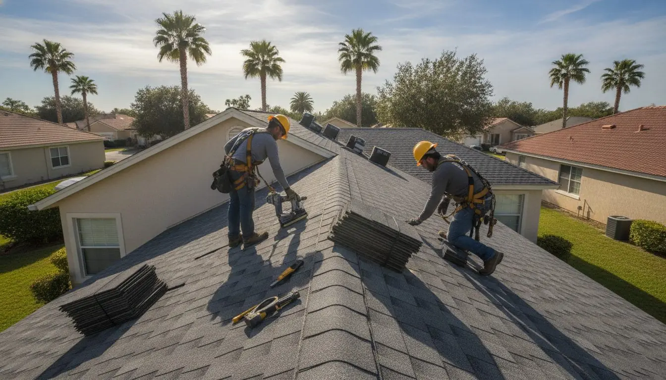 Roofing crew installing architectural shingles on a Florida home