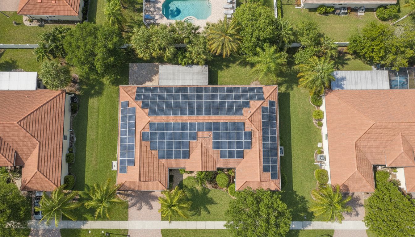 Full residential solar array, aerial view