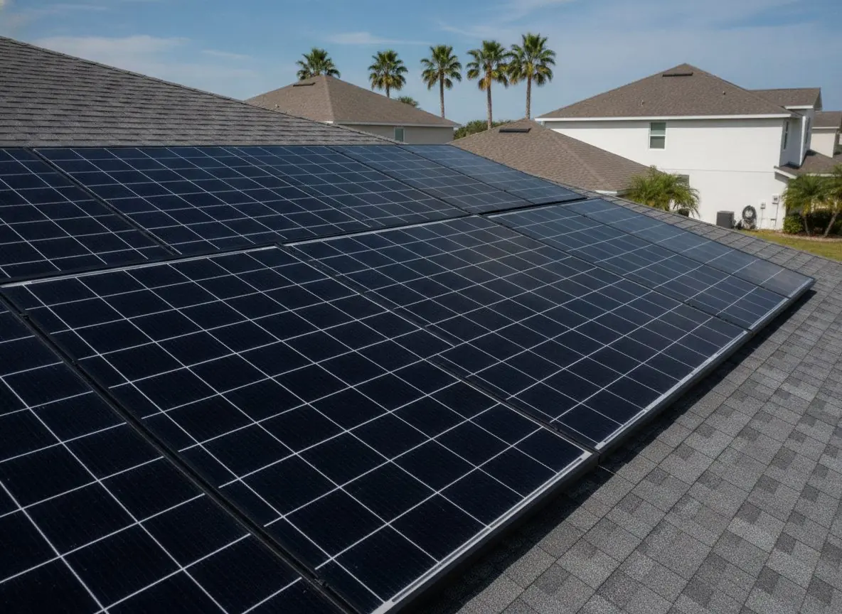 Close-up of solar panels on a shingle roof
