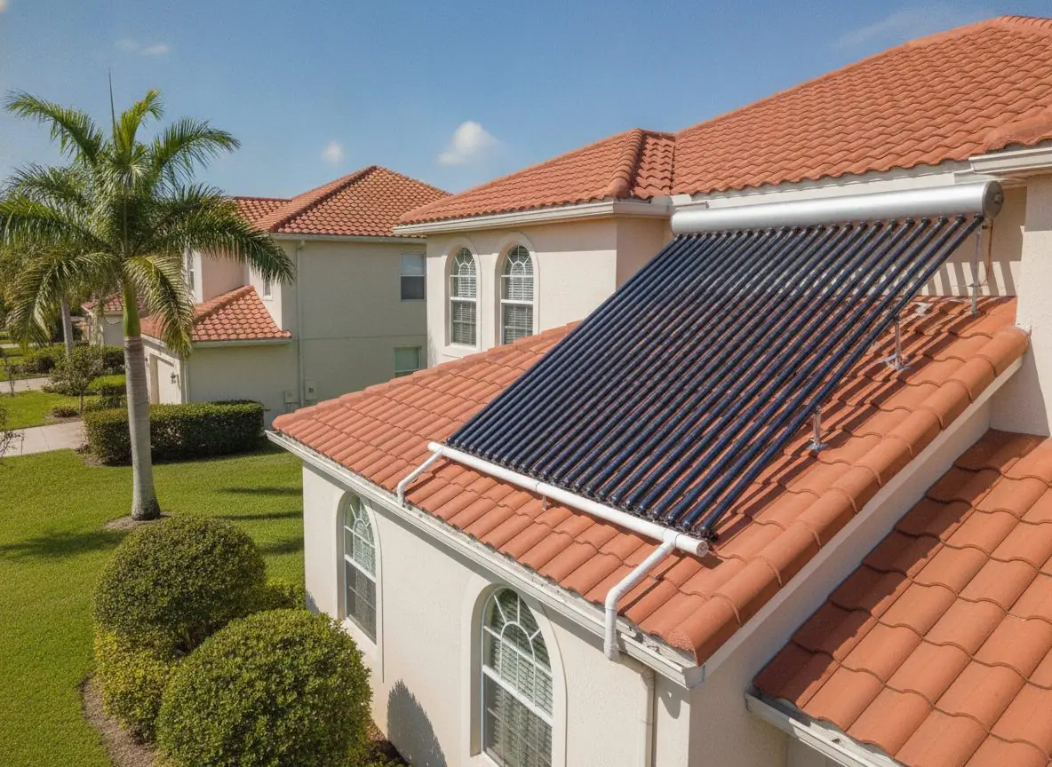 Solar water heater collector on a tile roof