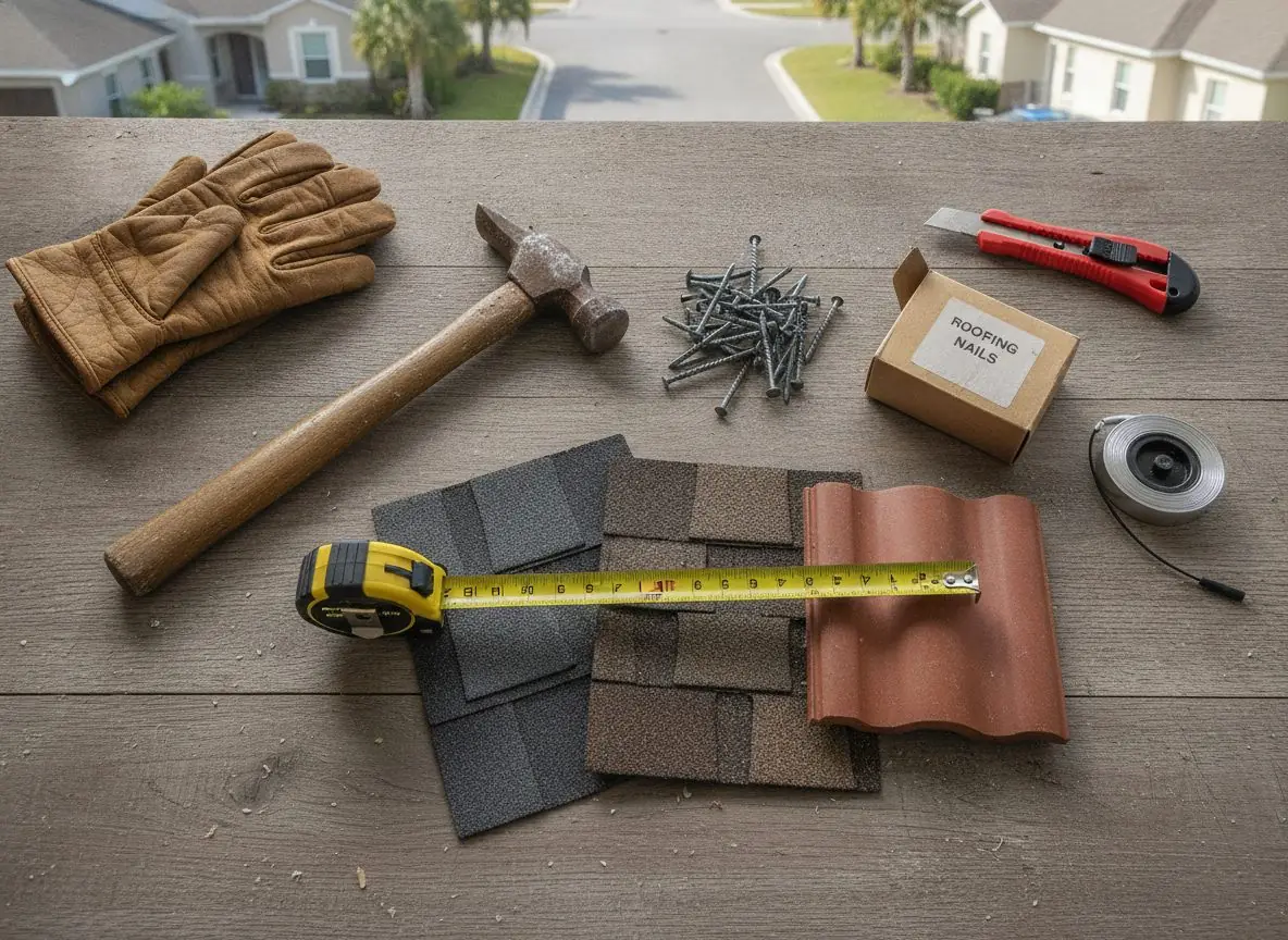 Roofing tools and material samples on a table